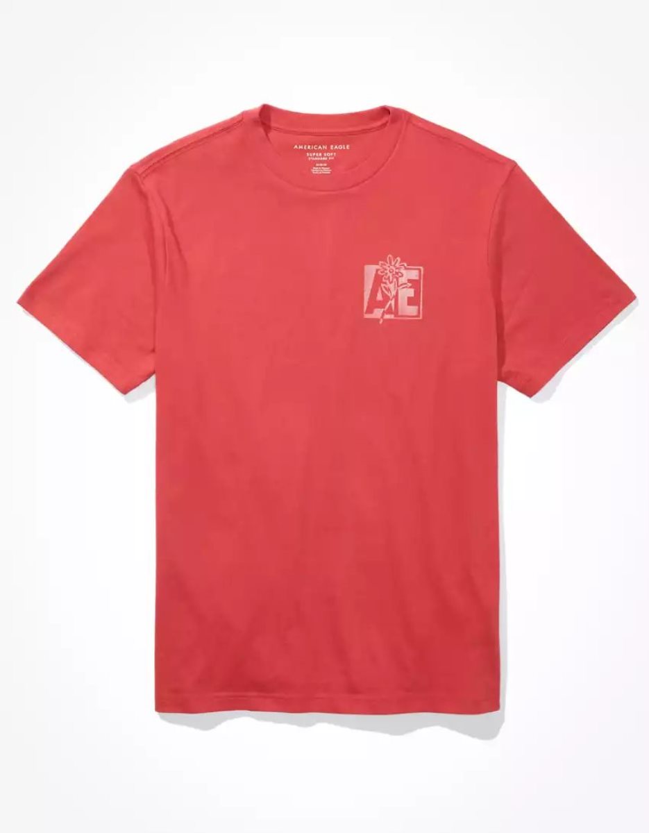 T Shirt Graphique American Eagle AE Super Soft Logo Rouge Homme | BNA-52362169